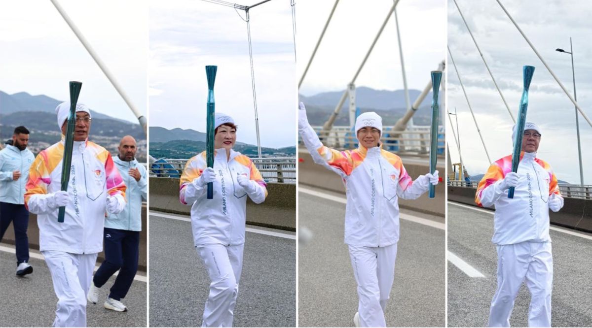 米兰-科尔蒂纳冬奥会火炬手夏斯均、刘云晖、侯琨、刘日春 。主办方供图 米兰-科尔蒂纳冬奥会火炬手夏斯均、刘云晖、侯琨、刘日春 。主办方供图